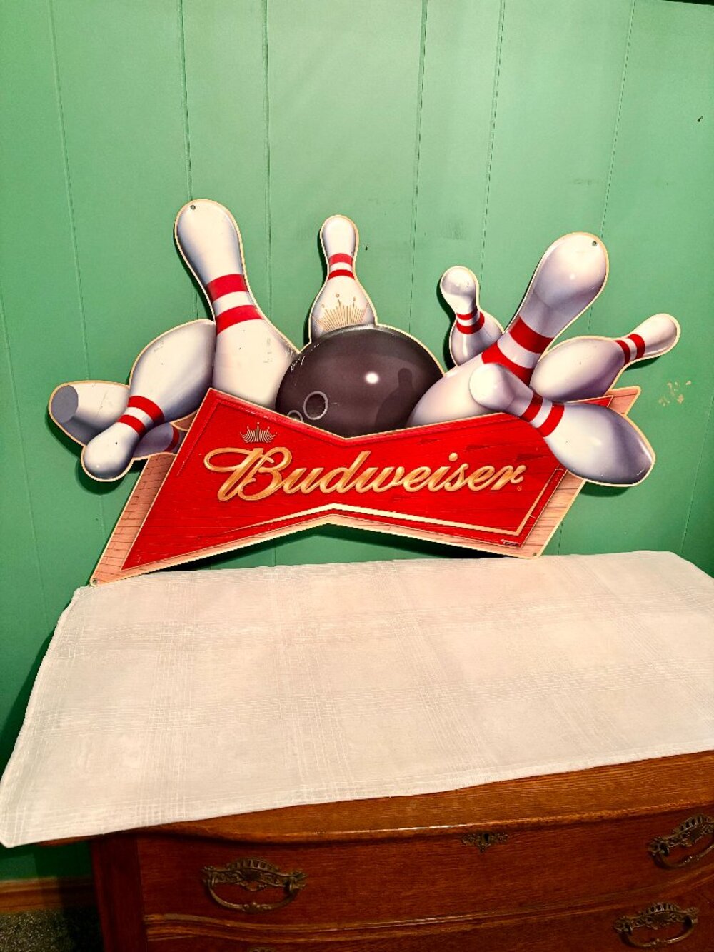 2005 Budweiser Bowling Metal Sign Vintage Large Beer Bar Tin Man Cave 37.5x22.25